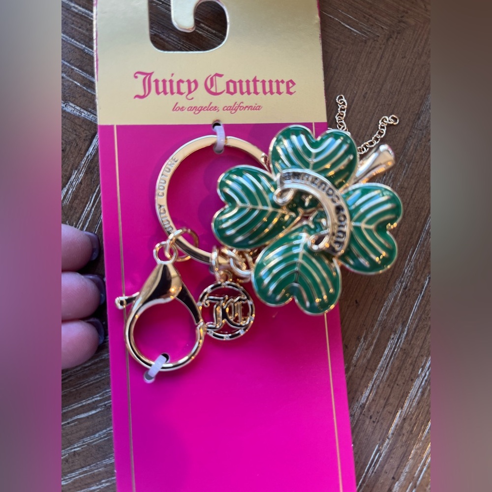 Juicy Couture Gold-Tone Green Clover Keyring Key Chain Bag Charm